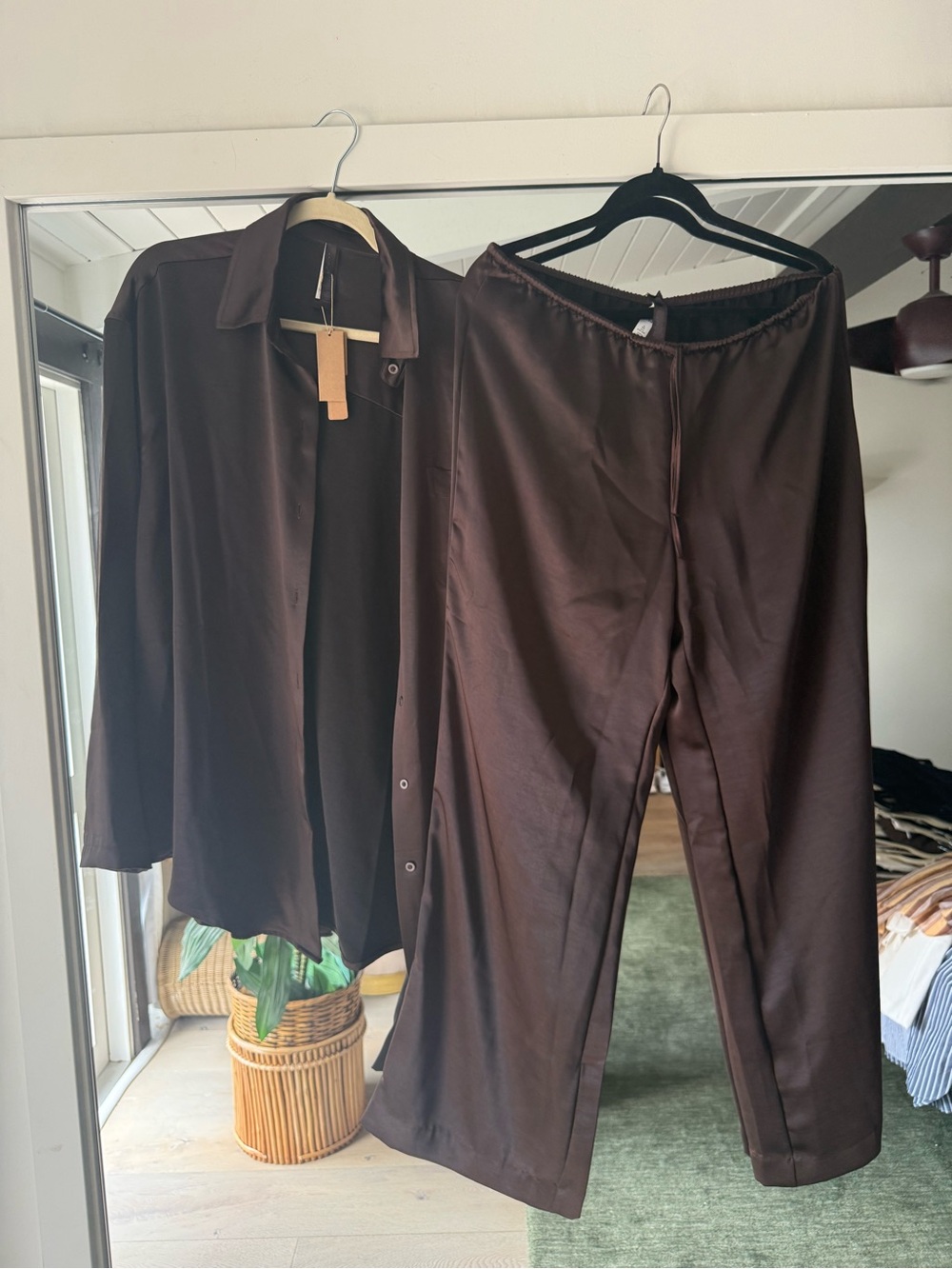 SKIMS Brown Satin Button-Front Shirt & Lounge Trousers